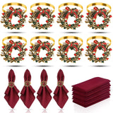 16Pcs Christmas Wreath Napkin Rings Set Of 8 And 8 Christmas Napkins Cloth, Napkins Holdes For Dinning Table Setting Decoration, Xmas Dinner Tables Rings For Winter Party