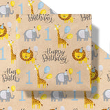 1St Birthday Wrapping Paper Roll, Mini Roll, Jungle Animal Gift Wrap Paper, Cute Lion, Elephants, Giraffe Kraft Paper For Age 1 Kids, Baby Shower, Birthday And More, 17.5 Inches X 16.4 Feet
