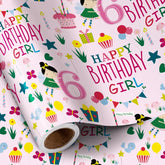 Happy 6Th Birthday Wrapping Paper Roll For Girls, Mini Roll, Pink Happy Birthday Girl Pattern Design For Party And More, 17 Inches X 16.4 Feet, 6 Years Old