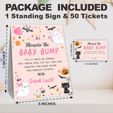 Halloween Blush Baby Shower Measure The Baby Bump Game Kit - Pumpkin & Ghost - 1 Self-Standing Sign & 50 Tickets - How Big Is Mommy'S Belly Sign - Gender Reveal Party Suppliea05