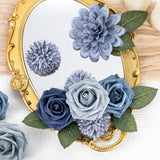 Dusty Blue Flower Artificial Roses Faux Flowers With Stems Mix Fake Roses Dahlia Chrysanthemum Ball For Wedding Bridal Bouquets, Table Centerpieces, Baby Shower, Party, Home Decorations