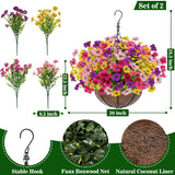 2 Sets Artificial Outdoor Flowers With Hanging Basket, Fake Hanging Plants Set Of 2 Includes 24 Pcs Flowers For Porch, Patio, Garden, Home Decor In Spring Summer (Red, Purple, Yellow, Rose Red)