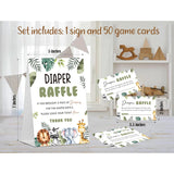 Baby Shower Games Diaper Raffle, 1 Sign & 50 Cards, Safari Jungle Wild Animal Diaper Raffle Tickets For Baby Shower, Gender Neutral Decoration Gender Reveal Party Games Supplies-Lt47