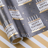 Reversible Birthday Wrapping Paper Roll For Boys Men, Happy Birthday Lettering, Birthday Cake With Metallic Foil & White Gold Stripes For Birthday, Mini Roll, 17 Inches X 32.8 Feet