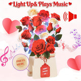 Valentine’S Day Cards, Lights And Music 3D Pop Up Valentines Card,10 Inch Life Sized Forever Rose Flower Bouquet, Anniversary Day Card For Her Him Wife Husband Couple(Blank Notecard & Envelope)
