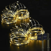 2 Pack 33FT 100 LED Solar Copper String Lights Warm White Waterproof IP65 Fairy Firefly Lights with 8 Modes Auto On/Off for Garden Patio Christmas Decor