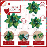 36 Pcs Christmas Glitter Artificial Poinsettia Flowers Xmas Poinsettia Artificial Wedding Flowers Decorations Xmas Tree Ornaments With Clips For Party, 6 Inch, 4 Inch, 3 Inch(Grass Green)