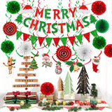 Merry Christmas Paper Banner Triangle Flag Bunting Pom Poms Paper Flower Fan Swirls Streamers Christmas Tree Stocking Bell Santa Claus Garland For Party Decoration