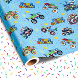 Reversible Monster Truck Birthday Wrapping Paper Roll For Boys Kids - Blue Shark Monster Truck & Colorful Confetti Design Gigt Wrap For Holiday Baby Shower Diy Craft Party - 17 In X 20 Ft(Total 28.5Sq.Ft)