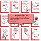 Valentines Day Cards For Kids School Classroom Exchange – 24 Pack Flat Cards 4X6 With 24 Red Envelopes & Stickers, 12 Cute Figure Designs, Trendy Theme - Valentines Day Gifts For Boys, Girls