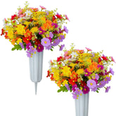 Artificial Cemetery Flowers Memorial Silk Daisy With Vase For Grave Headstone Decoration, Assorted Colors Daisy For Spring Summer Decoration