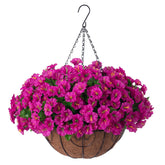Artificial Hanging Flowers Plants With Basket For Outdoors - Fake Petunias Flowers Fake Silk Morning Glory Planter For Outside Porch Patio Balcony Garden Spring Summer Decor(Purple Red)