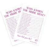 Who Knows The Bride Best Game, Bridal Shower Questionnaire Cards, Pink Wedding Game, How Well Do You Know The Bride, Bridal Shower Games, Bachelorette Party Games -Wktb03
