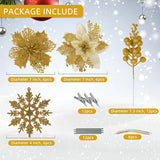 60 Pcs Poinsettia Artificial Flowers Christmas Tree Decor Clip On Set 18 Poinsettia Flowers With 12 Glitter Berry Stems 12 Pole Clips 6 Ropes Glittering Ornaments (Gold)