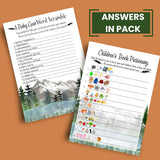 Adventure Awaits Baby Shower Games For Boys - Fun Activities Pack - 25 Each Of Word Scramble, Guess The Price, Over Under, & Storybook Pictionary - Mountain Theme, Double-Sided Cards