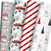 White Christmas Wrapping Paper Bundle For Kids Adults - Reindeer, Stripes, Woodlands, Snowflake, Red Truck Winter Scene Designs - 28 X 40 Inches, 6 Jumbo Sheets, Recycled