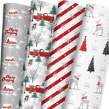 White Christmas Wrapping Paper Bundle For Kids Adults - Reindeer, Stripes, Woodlands, Snowflake, Red Truck Winter Scene Designs - 28 X 40 Inches, 6 Jumbo Sheets, Recycled