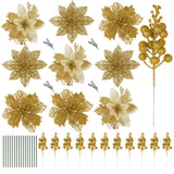 66 Pcs 3 Styles Christmas Glitter Poinsettia Flowers Artificial Berry Picks Christmas Tree Ornaments Artificial Christmas Flowers With Clips For Xmas Wedding Wreath Floral Decorations (Gold)