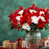 2 Pcs 20 Inch Artificial Red Poinsettia White Rose Bouquet With Berry Pine Branch 12 Stems Velvet Faux Poinsettia Floral For Vases Wreaths Garland Indoor Outdoor Christmas Tree Home Decorations