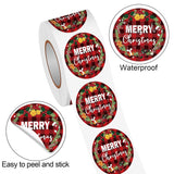 Merry Christmas Label Stickers Roll, 1.5 Inch 500 Pcs Round Red And Black Buffalo Plaid Christmas Wreath Happy Winter Holiday Stickers For Xmas Cards Gift Favors Decoration Sealed Envelopes