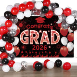 Red and Blcak Graduation Decorations Class of 2026 Banner with Balloons Arch Kit Set - Large 2026 Graduation Backdrop Decor, Red Congratulations Grad Balloons Grad Party Decorations