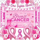 Breast Cancer Awareness Decorations,46PCS Breast Cancer Awareness Set with No one Fights Alone Banner,Breast Cancer Banner,Hanging Swirls,Pink Ribbon Balloons for October Pink Ribbon Party Supplies