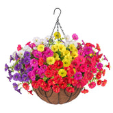 Artificial Faux Hanging Flowers Plants Basket For Outdoors, Silk Morning Glory With Eucalyptus In Planter Look Real Uv Resistant Fake Flowers For Porch Outside Patio Balcony Yard Indoor Summer Decor