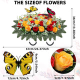 Artificial Cemetery Flowers For Grave,Large Headstone Flower Saddle Realistic Grave Flowers Memorial Silk Rose Flowers With Butterflies For Headstone Grave Decoration Non-Fading Easy Fit (Red Yellow)