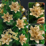 12 Pcs Gold Poinsettia Flower Artificial Poinsettias With Clips, Xmas Flower Decor With Stems, Glitter Poinsettia Christmas Ornaments, Diy Xmas Wreath Christmas Tree Decorations Home Party Decors