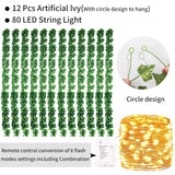 84Ft 12 Pack Artificial Ivy Leaf Plants Vine With 80 Led String Light,Green Vines Garland, Hanging For Home Kitchen Office Wedding Wall Décor