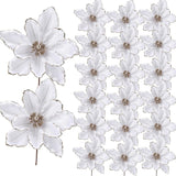 20 Pcs Glitter Christmas Flower, 6.3 In Large Velvet Artificial Magnolia Flowers With Stem, Christmas Tree Wreath Garland Xmas New Year Wedding Decoration, White