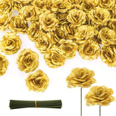 100 Pcs 3.5 Inch Gold Artificial Rose Heads With Stems, Silk Rose Faux Flower Heads Bulk For Diy Wedding Bouquets, Party Table Centerpieces, Home Decor, Craft Floral Arrangements