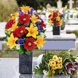 Artificial Cemetery Flower For Graves, Set Of 2 Cemetery Memorial Flowers With Vase For Gravesite Outdoor Headstone Tombstone Decorations, Artificial Lily Rose Gerbera Flowers Bouquets