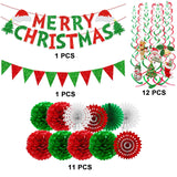 Merry Christmas Paper Banner Triangle Flag Bunting Pom Poms Paper Flower Fan Swirls Streamers Christmas Tree Stocking Bell Santa Claus Garland For Party Decoration