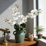 Artificial Phaleanopsis Flowers Fake Orchids Leaves Branches For Home Bonsai Garden Decoration (White)