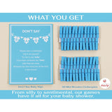Baby Shower Games For Boy, Don'T Say Baby Game,1 Sign And 50 Mini Blue Clothespins, Shower Game Ideas
