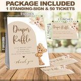Diaper Raffle Game Set For Baby Shower, Boho Bear Arch, 1 Standing Sign & 50 Raffle Tickets, Baby Shower Game Kit, Gender Reveal Party Supplies - A04