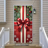 Christmas Door Cover Banner 35X71 Inch Holiday Front Door Decoration With Red Ribbon Bow Ornaments And Striped Gift Wrap Pattern For Xmas Winter Wall Hanging Seasonal Decor