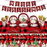 173 Pieces Christmas Party Supplies Buffalo Christmas Paper Plates And Napkins Disposable Xmas Tableware Set Merry Christmas Plaid Tablecloths Banner For Christmas Holiday Party Decor Serves 24 Guests