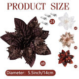 24 Pcs Brown Christmas Poinsettia Flower Decorations 5.5" Glitter Poinsettia Artificial Flowers Picks Christmas Tree Ornaments For Diy Xmas Holiday Wreaths Garland Decoration