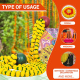 Marigold Garland For Decoration 5 Pcs Of 4.8 Feet Long Strands Artificial Marigold Flowers, Indian Décor For Pooja, Wedding Christmas, Events