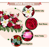 Artificial Cemetery Flowers - Headstone Flower Saddle?Non-Bleed Colors, And Easy Fit - Pink Tulip?White Lily And Red Rose Bouquet