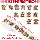 1000Pcs Christmas Highland Cow Roll Stickers Watercolor Rustic Cow Self-Adhesive Label Decals For Winter Xmas Seal Cards Envelopes, 2 Rolls, 12 Designs