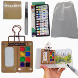 Mini Watercolor Paint Set Portable, 12 Color Pocket Artist Watercolour Travel Palette Set, Wooden 8 Grids Paint Palette Box With Binder Clips Sketchbook And Storage Bag