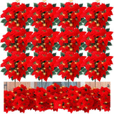 12 Sets Lighted Christmas Artificial Poinsettia Flowers Decorations Bulk 15.6 Inch Faux Red Stems Velvet Poinsettia Floral For Indoor Outdoor Christmas Tree Ornament Home Porch(Classic)