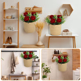 Artificial Roses Flowers With Jute Hanging Basket Pack Of 2, Faux Flannel Floral Eucalyptus Arrangement For Entryway Kitchen Bedroom Living Room Home Decorations - Burgundy