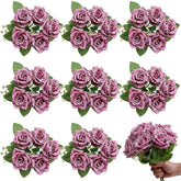 Purple Roses Artificial Flowers - 8 Bundles Fake Silk Rose Flower Realistic Faux Florals Bulk For Wedding Bridal Party Baby Shower Event Home Arrangements Centerpieces Decor (Dusty Purple)