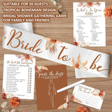 300 Pcs Boho Bridal Shower Games Cards - Set Of 6 (50 Guests) With Tropical Bohemian Bride To Be Sash 4 Pcs Marker Pens Suitable For Pampas Grass Bridal Shower, Terracotta Bachelorette Party