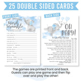 Baby Shower Games For 25 Guests - Blue Elephant Boy Baby Shower Games Word Scramble, True Or False Babyshower Game Boy, Gender Reveal Game, Made In Usa