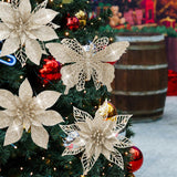 24Pc 5.5" Champagne Gold Artificial Poinsettia Christmas Flowers, Glitter Christmas Decorations For Xmas Tree Wreath Fireplace New Year Home Decor (Champagne Gold)